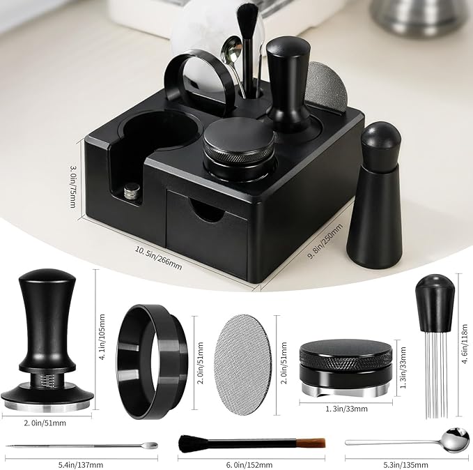 10PCS Espresso Accessories Kit - Espresso Knock Box and Tamping Station,Coffee Tamper,Distributor,WDT,Dosing Funnel,Puck Screen,Brush,Coffee Spoon,Latte Pen,16 Stencils Fits Breville 54mm Portafilter
