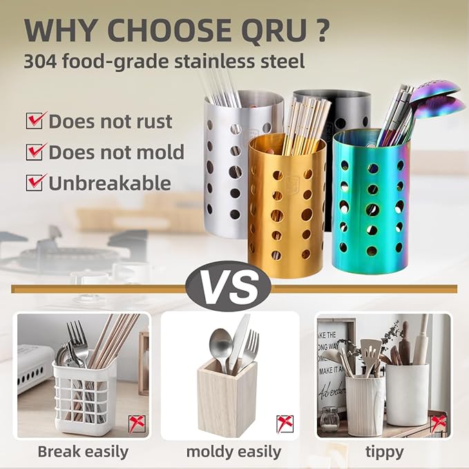 QRU Kitchen Utensil Holder for Countertop (H6.7” x W4.1”), Stainless Steel Cooking Utensil Caddy for Tools, Spatulas, Spoons, Silverware & More, Cooking Utensil Organizer, Kitchen Decor (Gold)