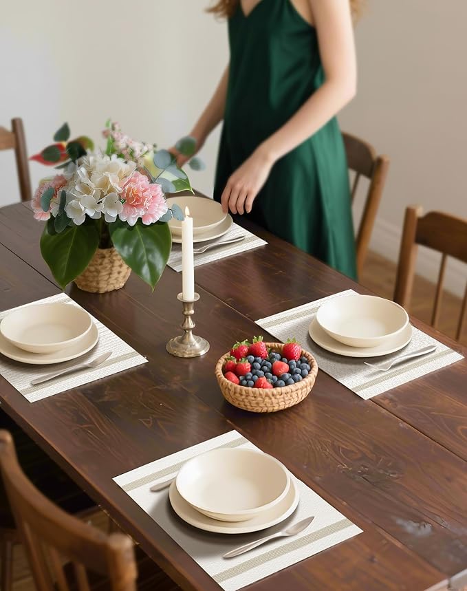 Leetaltree White Vinyl Woven Placemats Set of 12 - Washable Dining Table Placemats Striped, Suitable for Wedding, Anniversary, Daily Use - Table Decor
