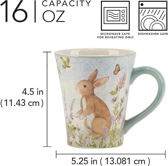 Easter Meadow 16 oz Ceramic Mugs,Set of 4 – Whimsical Bunny & Floral Design, Perfect for Easter Decor & Spring Tablescape – Perfect for coffee, tea, lattes, hot chocolate. Microwave & Dishwasher Safe