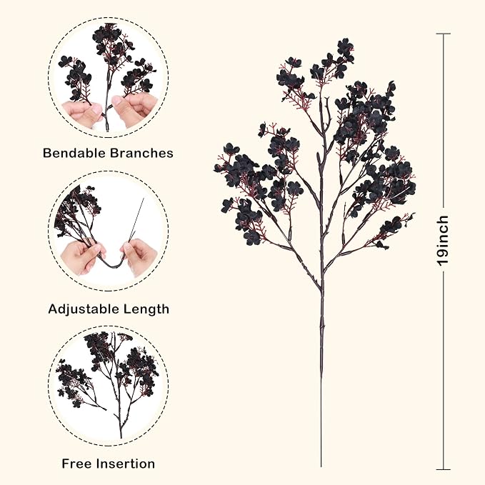 Waipfaru 15Pcs Halloween Flowers Babys Breath Silk Artificial Black Flowers Gypsophila Bouquets Bulk Real Touch Black Stems for Halloween Decorations DIY Floral Arrangement Table Centerpieces