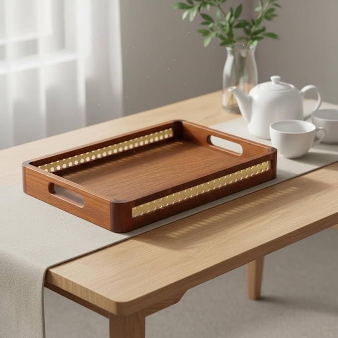 Wooden Tray with Handles Metal Handle Wooden Serving Tray Home, Grid Wooden Handle, Medium 38 26 5cm