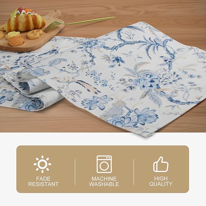 Snycler 13x108 Inch Table Runner Blue White Bird Flower Chinoiserie Table Runners Modern Elegant Luxury Farmhouse Geometric Table Center White Linen Decor for Home Dining Party Entrance