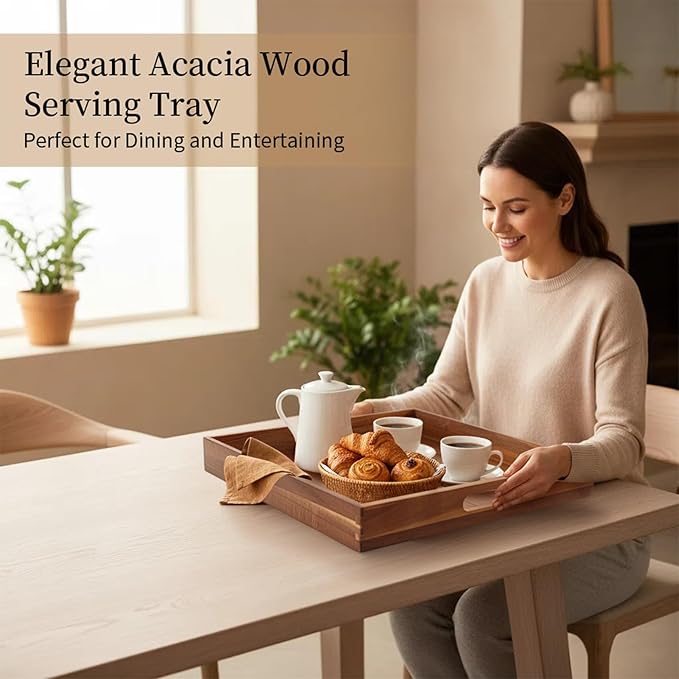 Serving Tray with Handles, 20 Inch Large Square Ottoman Tray Acacia Wood Decorative Tray for Living Room, Ottoman Coffee Table, Kitchen, Appetizers, Breakfast, Patio, Party