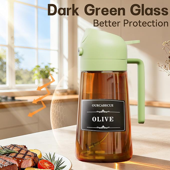 OURCABECUE 2 in 1 Olive Oil Sprayer for Cooking, 16oz Olive Oil Dispenser Bottle for Kitchen, Light-Blocking Dark Glass Oil Bottle, Food-Grade Oil Mister with 8 Oil Stickers (Brown Bottle-Green Cap)
