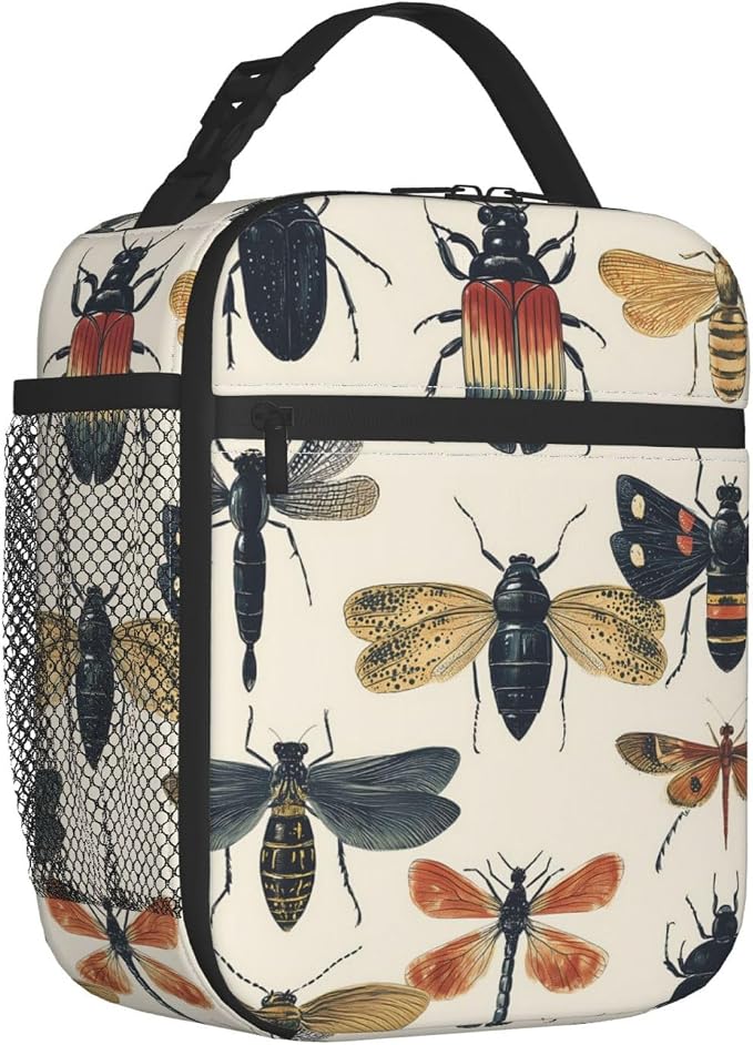 Reusable Vintage Insect Lunch Box for Kids Girls Boys Women Adult, Insulated Beetle Bee Dragonfly Retro Lunch Bag,Polyester Cooler Handbags Case for School Picnic Work Travel Beach or Hiking