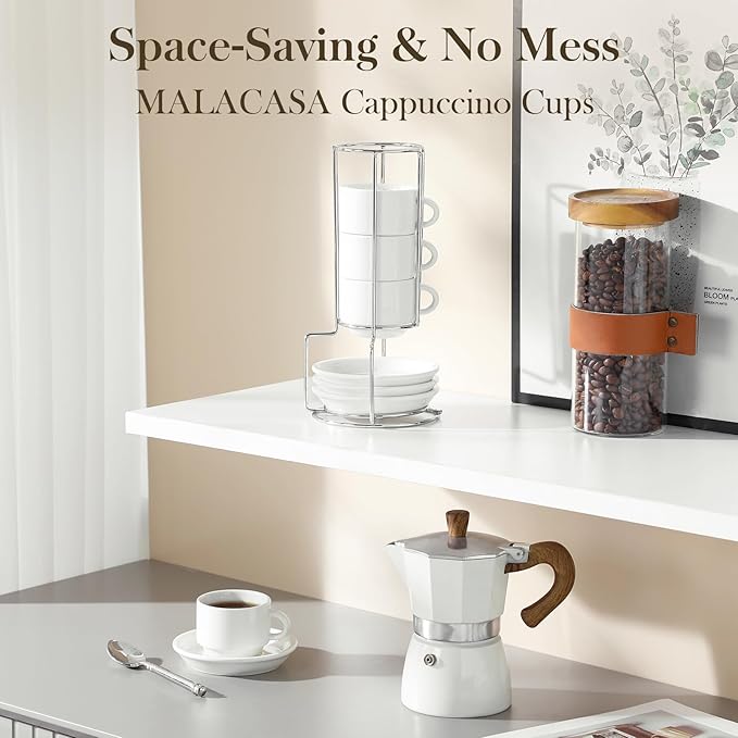 MALACASA 2.5 OZ Porcelain Espresso Cups with Saucers and Metal Stand Set of 4, Stackable Cappuccino Cups, White Expresso Shots Cup Set for Coffee Drinks, Latte, Tea
