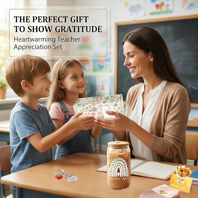 8 PCS Teacher Appreciation Gift Set, Teacher Survival Kit with Glass Cup, Bamboo Lid, Fuzzy Socks & Pouch Bag, Thank You Gift for Women (Best Teacher Ever-g05)