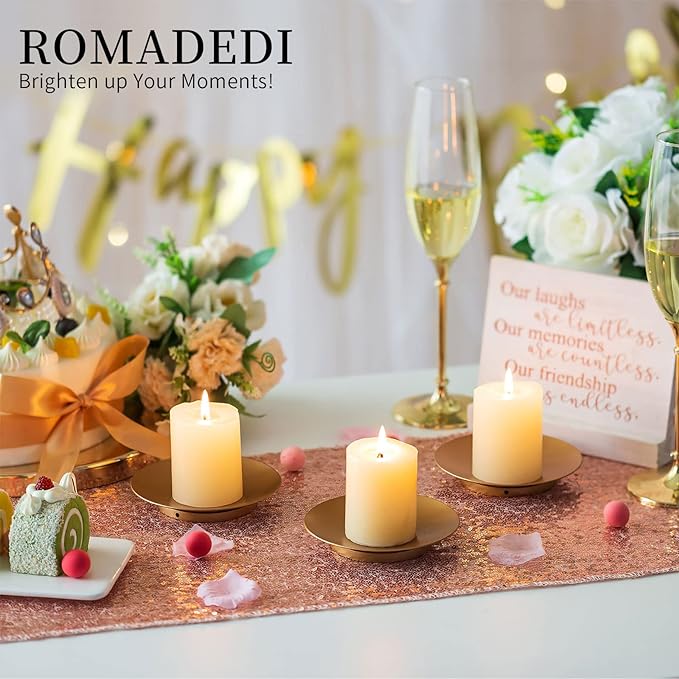 Romadedi Iron Plate Candle Holder - Gold Candle Holders for Pillar Candles, Set of 2 Small Candle Tray Pillar Candle Holder Plate Metal Candle Stand for Coffee Table Decor, Wedding, Party, Home Decor