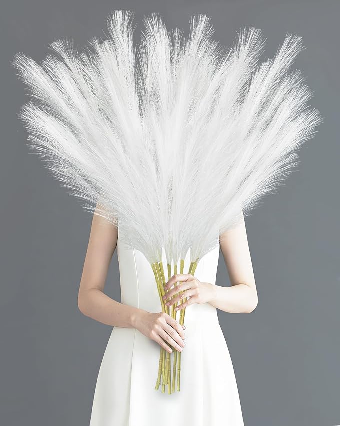 TORONTOKYO 8Pcs White Faux Pampas Grass Tall Decor, 35.4” Fluffy Artificial Pompous Grass Branches, Large Pampas Grass Reed Stems for Floor Vase Filler, Wedding, Baby Shower, Home Boho Decor