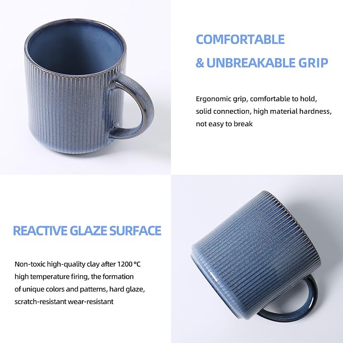 MONITO 16Oz Coffee Mugs Set of 4, Rustic Ceramic Coffee Cups Set with Large Handle, Vintage Striped Stoneware Coffee Mugs for Latte, Cocoa, Tea, Milk, Microwave & Dishwasher Safe, Deep Blue