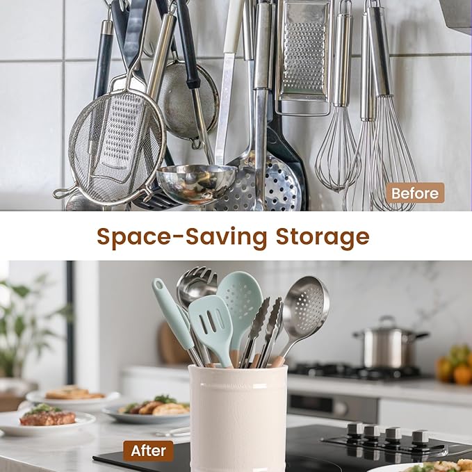 Kitchen Utensil Holder, Larger Ceramic Utensil Crock for Kitchen Counter top & Dining Table (Cream, 5.9" x 5.9" x 6.7")