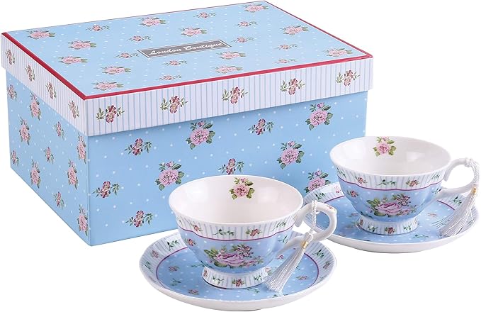 London Boutique Coffee Tea Cups and Saucers Set Afternoon Tea Vintage Flora Rose Gift Box 7.5oz (Rose Blue Set 2)