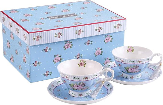 London Boutique Coffee Tea Cups and Saucers Set Afternoon Tea Vintage Flora Rose Gift Box 7.5oz (Rose Blue Set 2)