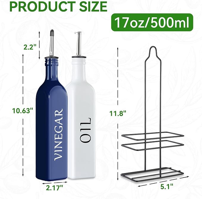 Vakoo Oil and Vinegar Dispenser Set - 17oz/500ml, Extra Thick Glass, Leak-Proof, Olive Oil Dispenser Bottle for Kitchen (White Blue)