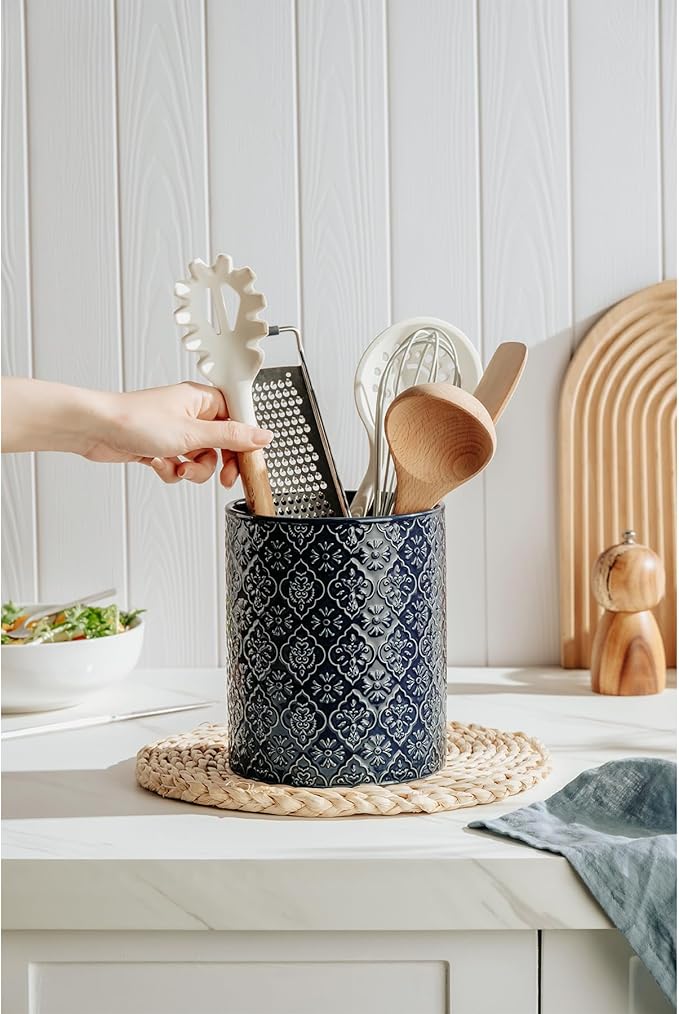 Kitchen Utensil Holder, 6x7 inch Large Ceramic Utensil Holder with Embossed Pattern, Cooking Utensil Crocks for Kitchen Countertop, Home Decor, Blue