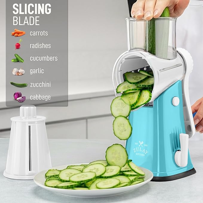 Zulay Kitchen Rotary Cheese Grater 5 Blade Cheese Shredder - Manual Hand Crank Cheese Grater With Reinforced Suction & 5 Interchangeable Drums - Easy to Use, Vegetable Chopper Round Mandoline Slicer