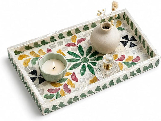 Mother of Pearl Inlay Wooden Tray – Handmade Decorative Rectangle Serving Tray for Coffee Table, Kitchen, Bathroom, Vanity or Living Room Decor,Colorful Leaves