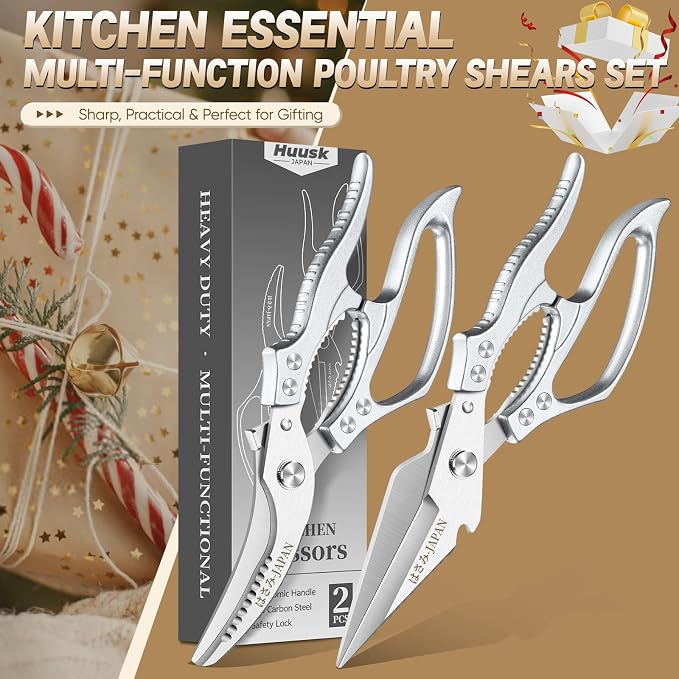 Huusk Heavy Duty Kitchen Scissors Set – All Purpose Japanese Poultry Shears for Chicken, Meat, Fish, Vegetables & Pizza with Ergonomic Non-Slip Silver Handle, Gifts for Women Men