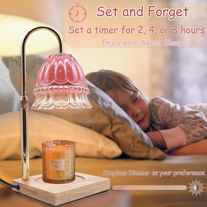 Glass Flower Lampshape Candle Warmer Lamp with Adjustable Height, Wax Burner Lamp with Timer and Dimmer, Wooden Base Candle Warmer, Women's Gifts (Pink)