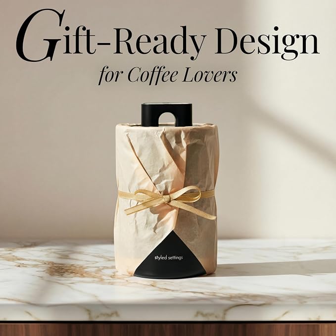 STYLED SETTINGS Vacuum Seal Coffee Bean Container Set – 2-Piece Stainless Steel Coffee Canisters with Scoop and Labels, Matte Black Dual-Lid Airtight Design, 1 lb Capacity Each - Coffee Gift Ideas