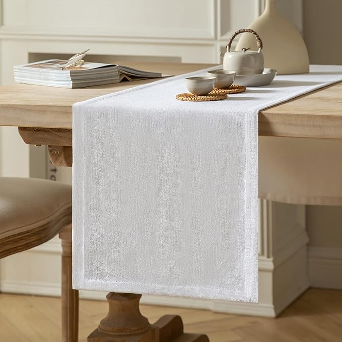ZeeMart Burlap Style Farmhouse Table Runners 36 Inches Long, White Rustic Woven Dining Table Runner for Everyday Use, 14x36 Inches, White