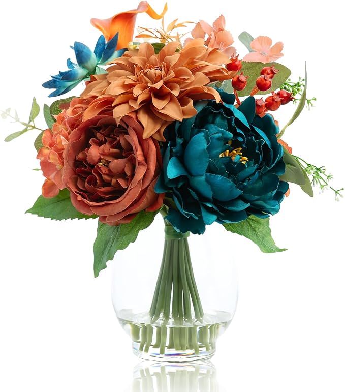 Artificial Flowers in Vase with Fake Water, Faux Silk Peony Dahlia Bouquet, Teal Burnt Orange Flowers Arrangement for Dining Table Centerpiece Wedding Party Spring Home Decor & Birthday Gift
