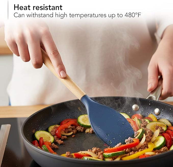 OVENTE Silicone Cooking Utensils Set, 17pcs Heat Resistant Kitchen Tools and Gadgets for Nonstick Cookware, BPA Free Spatula Set with Wooden Handle, Cup Holder, Oven Gloves and Hot Pads, Blue SPS17BL