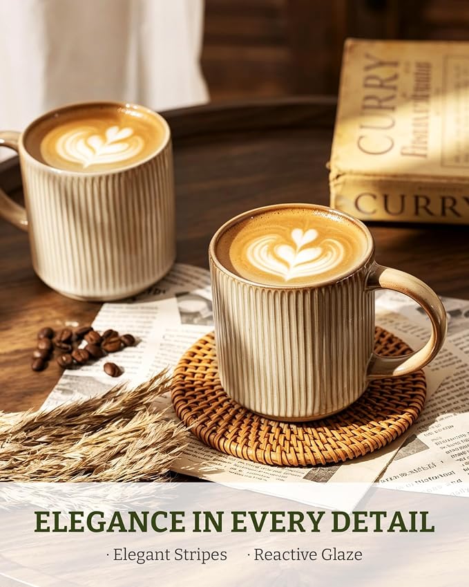 famiware Coffee Mug Set for 6, Star 12 oz Catering Mugs Cup Set with Handle for Coffee, Tea, Cocoa, Milk - Ceramic Stoneware Drinkware Set, Cream