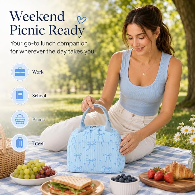 LEDAOU Lunch Box for Women Insulated Lunch Bag Corduroy Lunch Tote Bags Leakproof Cooler Lunch Case for Travel Work Picnic (Bow Tie Blue)