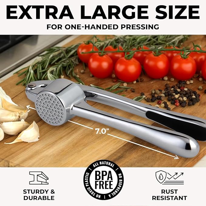 Zulay Kitchen Large Premium Garlic Press Set - Bigger Bowl for Bigger Garlic - Rust Proof Garlic Mincer Tool - Easy-Squeeze, Easy-Clean Silicone Garlic Peeler & Brush (Chrome)