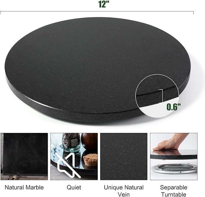 Marble Lazy Susan, 12 in Lazy Susan Turntable Organizer for Cabinet Pantry Kitchen Countertop Fridge Bathroom Makeup Vanity Countertop - Zimbabwe Black