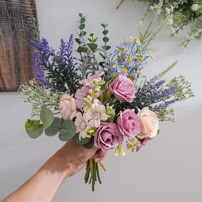 15 Inch Artificial Silk Flowers Bouquet with Roses, Eucalyptus, Baby's Breath, Daisies, Lavender, Sage & Chamomile - Realistic Faux Floral Arrangement for Home Decor Centerpiece
