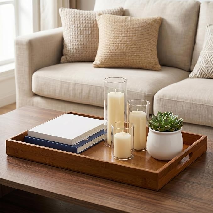 Briful Bamboo Decorative Tray with Handles - 16 x 12 Inch Rectangle Serving Tray for Coffee Table Decor Farmhouse Kitchen Counter Organizer & Bathroom Vanity, Brown