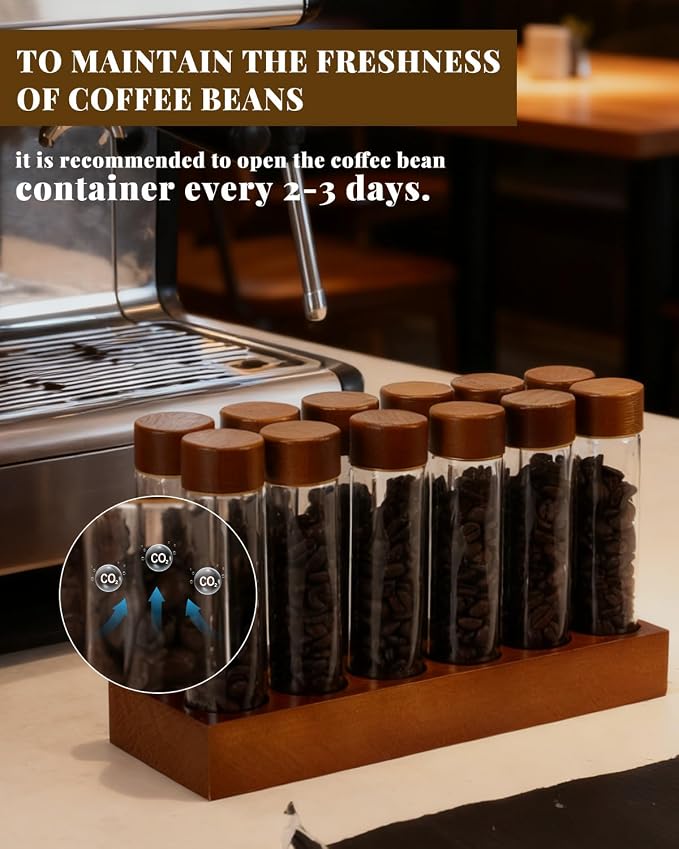 Coffee Espresso Bean Storage Tubes Set – 12pcs 60ml Airtight Glass Single Bean Coffee Storage Tube with Bamboo Lids & Walnut 12-Slot Stand, Espresso Container with Funnel & Labels for Barista
