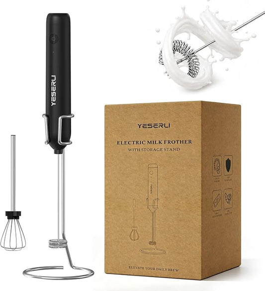 Rechargeable Milk Frother Handheld, 2000mAh Battery Electric Coffee Frother Wand with Dual Detachable Whisk Heads, 2 Speeds, IPX6 Waterproof Drink Mixer & Stand for Latte, Cappuccino, Matcha