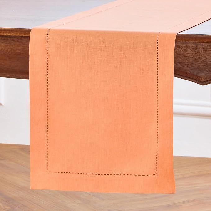 Solino Home Linen Coral Table Runner 144 Inches Long - 100% Pure Linen Extra Long Table Runner 14 x 144 Inch for Summer - Classic Hemstitch