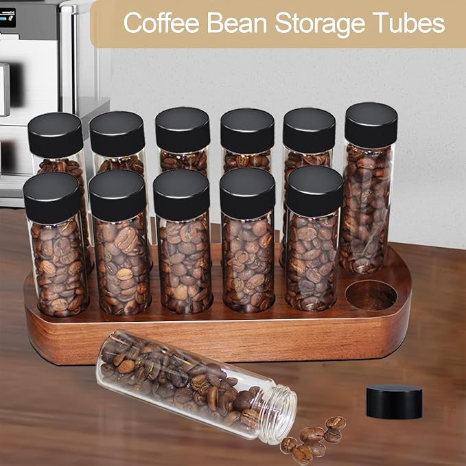 Single Dose Coffee Bean Storage Tubes - 12pcs Coffee Beans Container,Coffee Vials dosing container,glass espresso container with Wood Display Stand and Funnel (Type 1)