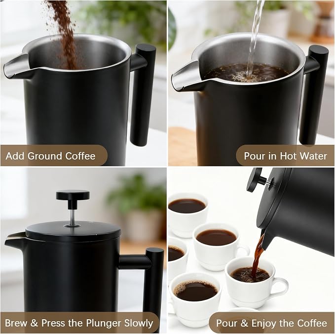 French Press Coffee Maker, 304 Grade Stainless Steel French Press with 2 Extra Filters for Home, Office, Travel, Camping - 34OZ/2 Litre (Black)