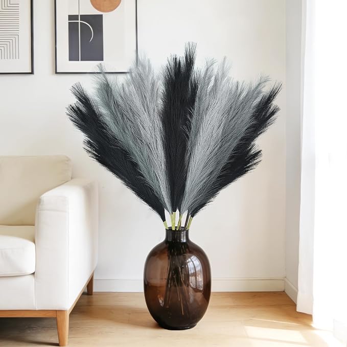 TORONTOKYO 8Pcs Black and Grey Faux Pampas Grass Tall Decor, 35.4” Fluffy Artificial Pompous Grass Branches, Large Pampas Grass Reed Stems for Floor Vase Filler, Wedding, Baby Shower, Home Boho Decor