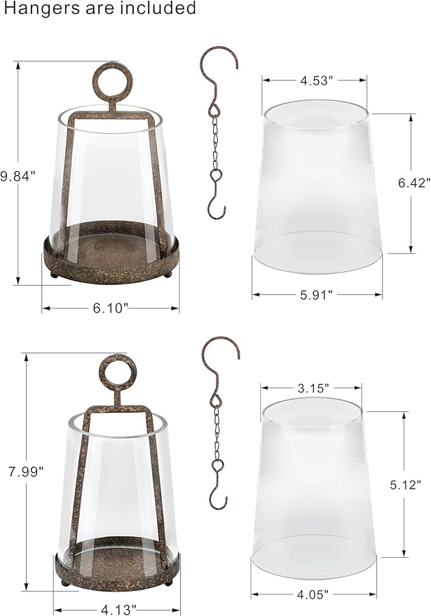 6" & 4" Wide Modern Farmhouse Metal Hurricane Candle Holder with Handmade Sturdy Glass Sleeve in Rustic Brown for Pillar Candle & Plants, Glass Hurricane Lantern, Industrial, Minimalistic
