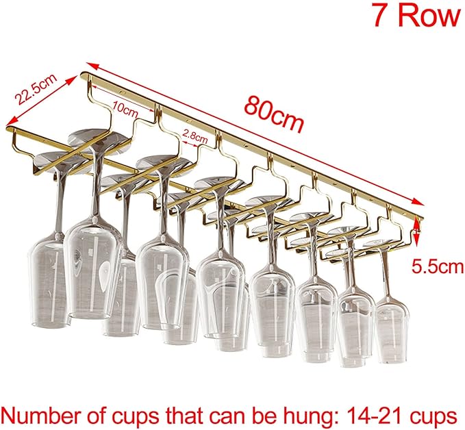 7 Rows Under Cabinet Wine Glass Rack, Hanging Stemware Holder, 304 Stainless Steel Hanger Storage Shelf, Stemware Wine Glass Holder Storage Hanger For Bar Kitchen Cabinet ( Size : Width:22.5cm )