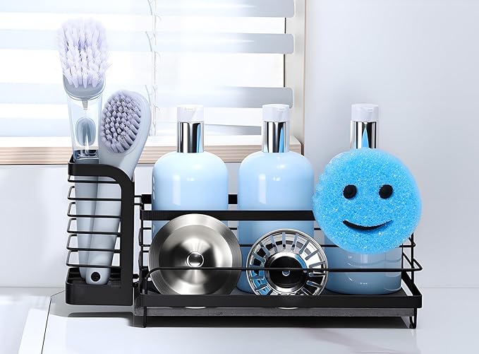 for Scrub Daddy & Mommy Sponge Holder, Kitchen Sink Caddy for Soap Dish & Adjustable Dish Brush Holder, with Diatomite Stone Sink Tray, Instant Dry