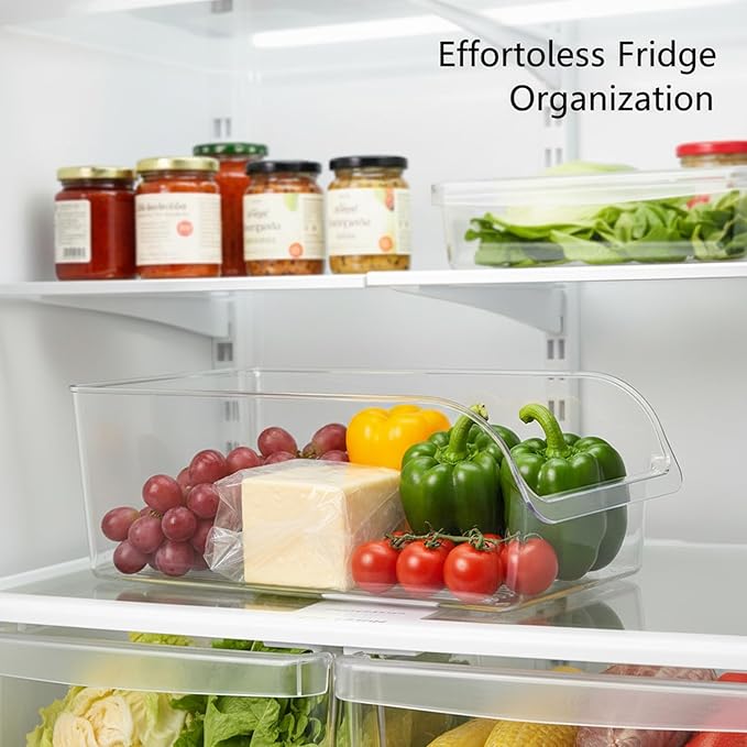 Refrigerator Storage Bin for Organization, Clear PET Plastic Food Container with Handles, Slide-Out Organizer Box for Fridge Shelves, Pantry, and Countertop, 10.2 x 7.1 x 3.1 Inches