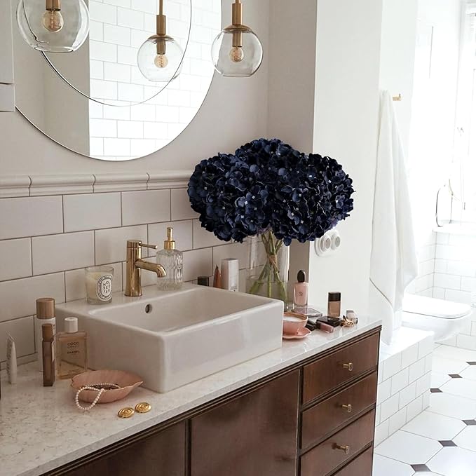 JINWOE Dark Navy Blue Silk Hydrangea,5Pcs 20Inch Full Large Artificial Flower Heads with Stems Fake Hydrangeas Flowers for DIY Wedding Centerpiece Home Decor