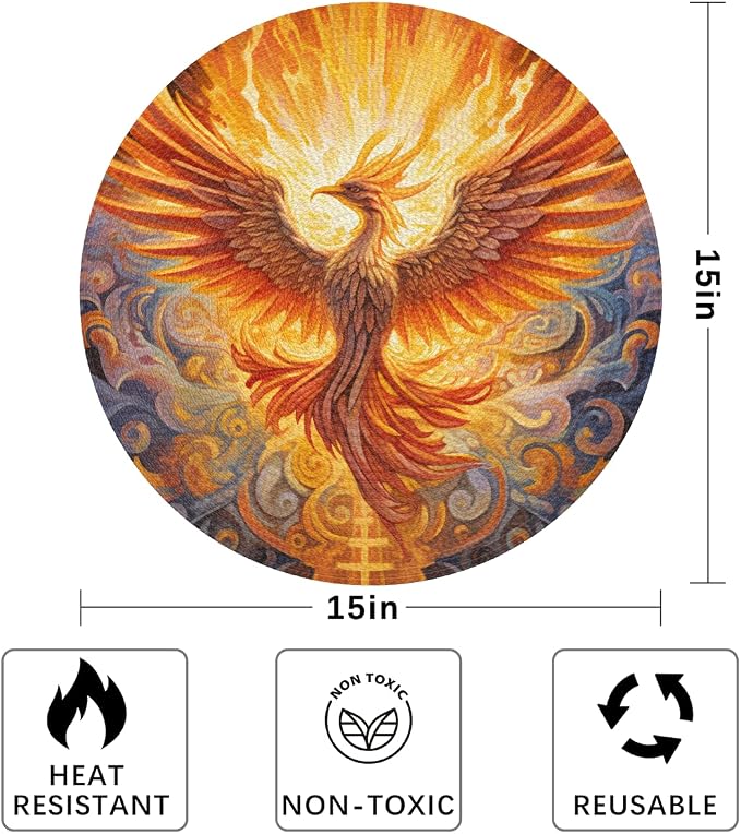 Round Placemats Set of 6, Phoenix Fire Flame Ethnic Pattern Woven Placemats Mats Non-Slip Heat Resistant Washable Table Mats Round Braided Place for Farmhouse Kitchen Dining Party Decor 15in