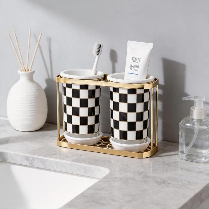 Multi-functional Ceramic Checkered Utensil Crocks, Black & White Grid Kitchen Utensil Storage, Bathroom Checkered Bathroom Toothbrush Holder, Flatware Organizer & Home Accessory (Black)