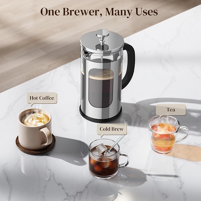 Veken French Press Coffee Maker,No Plastic Touching Cafe,34oz 1L Cafetera,Heat Resistant Thickened Borosilicate Glass Stainless Steel Brewer,Pot for Kitchen,Travel,Camping,Tea,Gifts,Silver (Pack of 2)