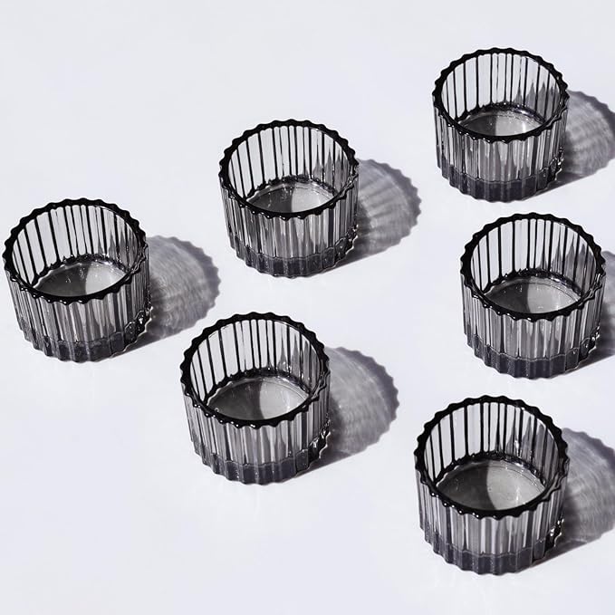 VOHO 24pcs Smokey Grey Tealight Candle Holder for Neutral Room Decor, Ribbed Votive Candle Holders for Table Centerpiece, Glass Tea Light Candle Holders Decoration for Coffee Table, Formal Anniversary