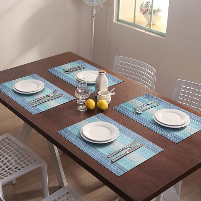 Bloss Blue Placemats Set of 4, Linen Woven Place Mats for Kitchen Table Indoor/Outdoor, 12" x 18" Washable Gradient Blue Placemat Dining Table Mats